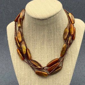 Five Strand Necklace Brown Amber Swirl Long Seed Bead Silver Endcaps